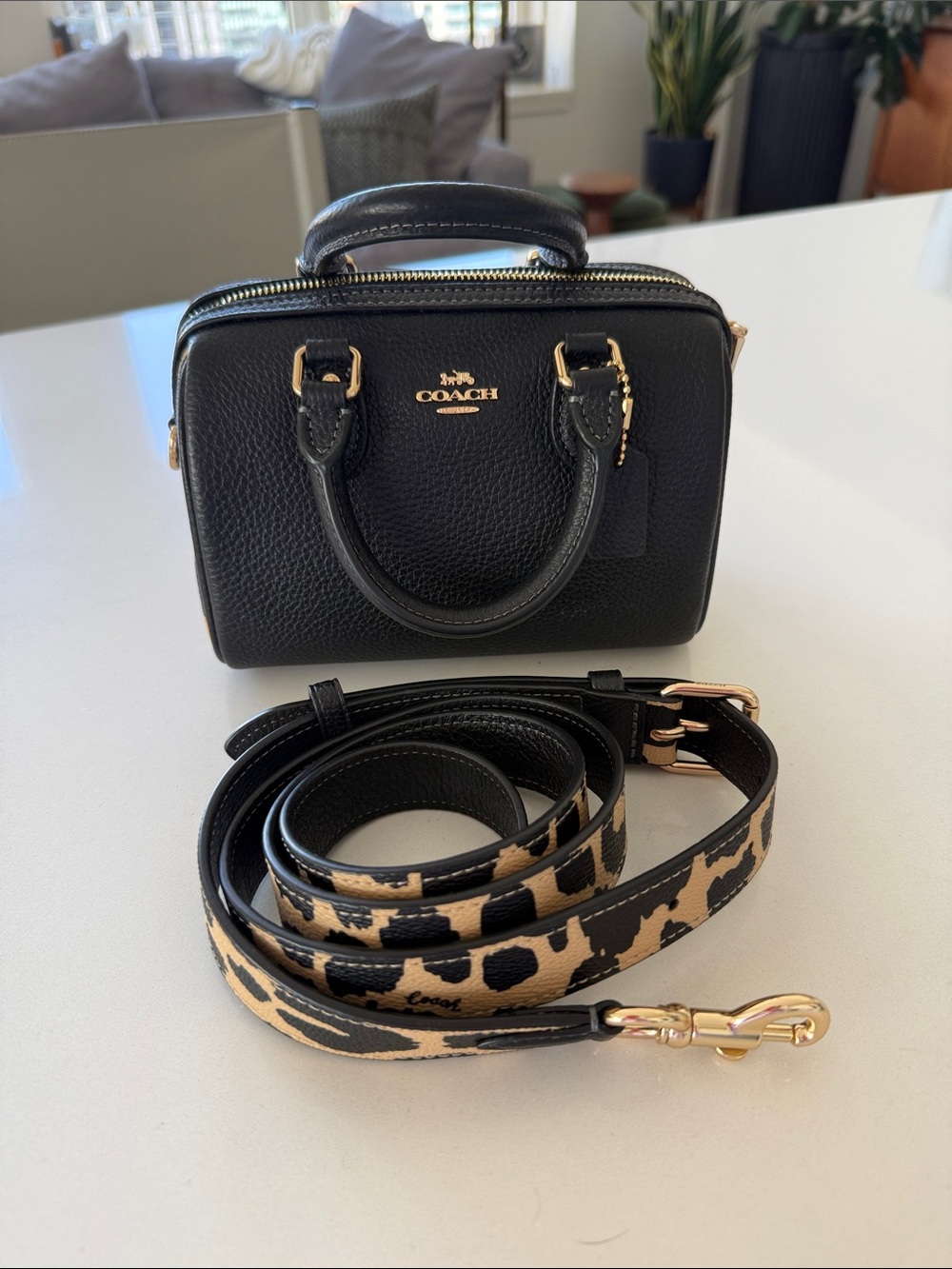 Coach Black Pebbled Leather Mini Satchel with Leopard-Print Strap